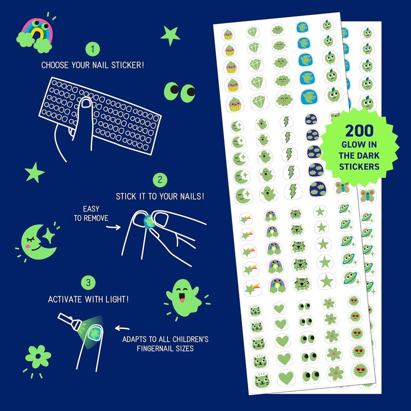 omY Glow in The Dark Nail Stickers for Kids - 200 Stickers, Waterproof, Durable, Fun, Creative Designs | Strong Enough to Last Through Hand Washing - Easy to Apply, Safe, Non-Toxic | Age 3 and Up - Image 3